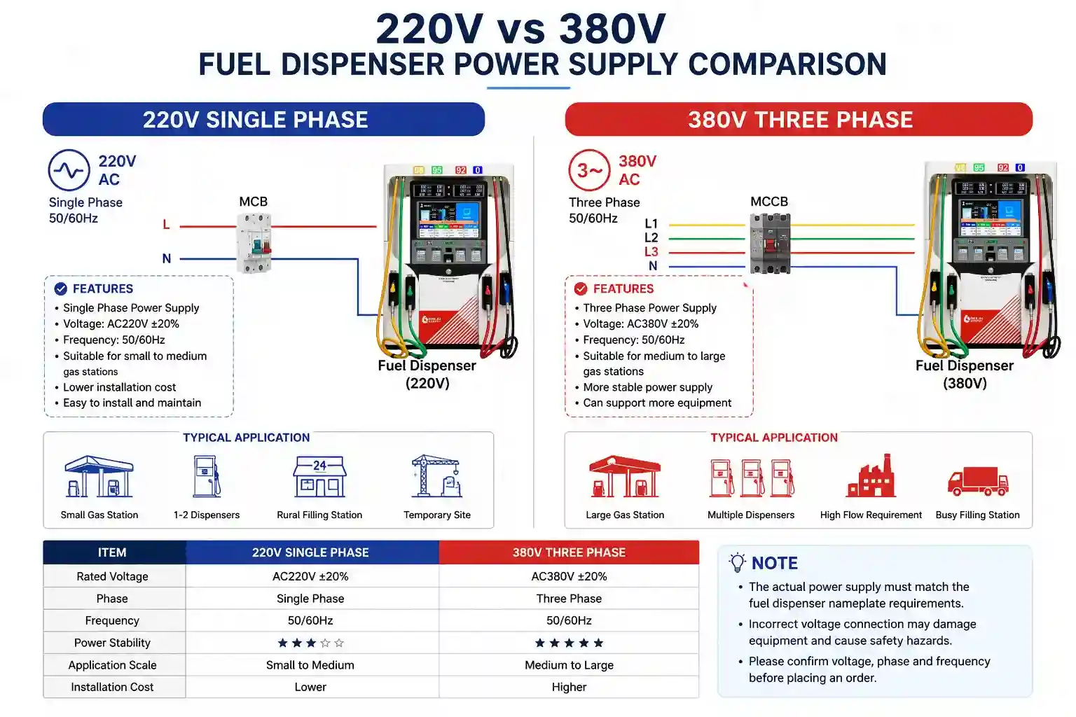 Fuel Dispenser Voltage: 220V vs. 380V, Which Should You Choose?