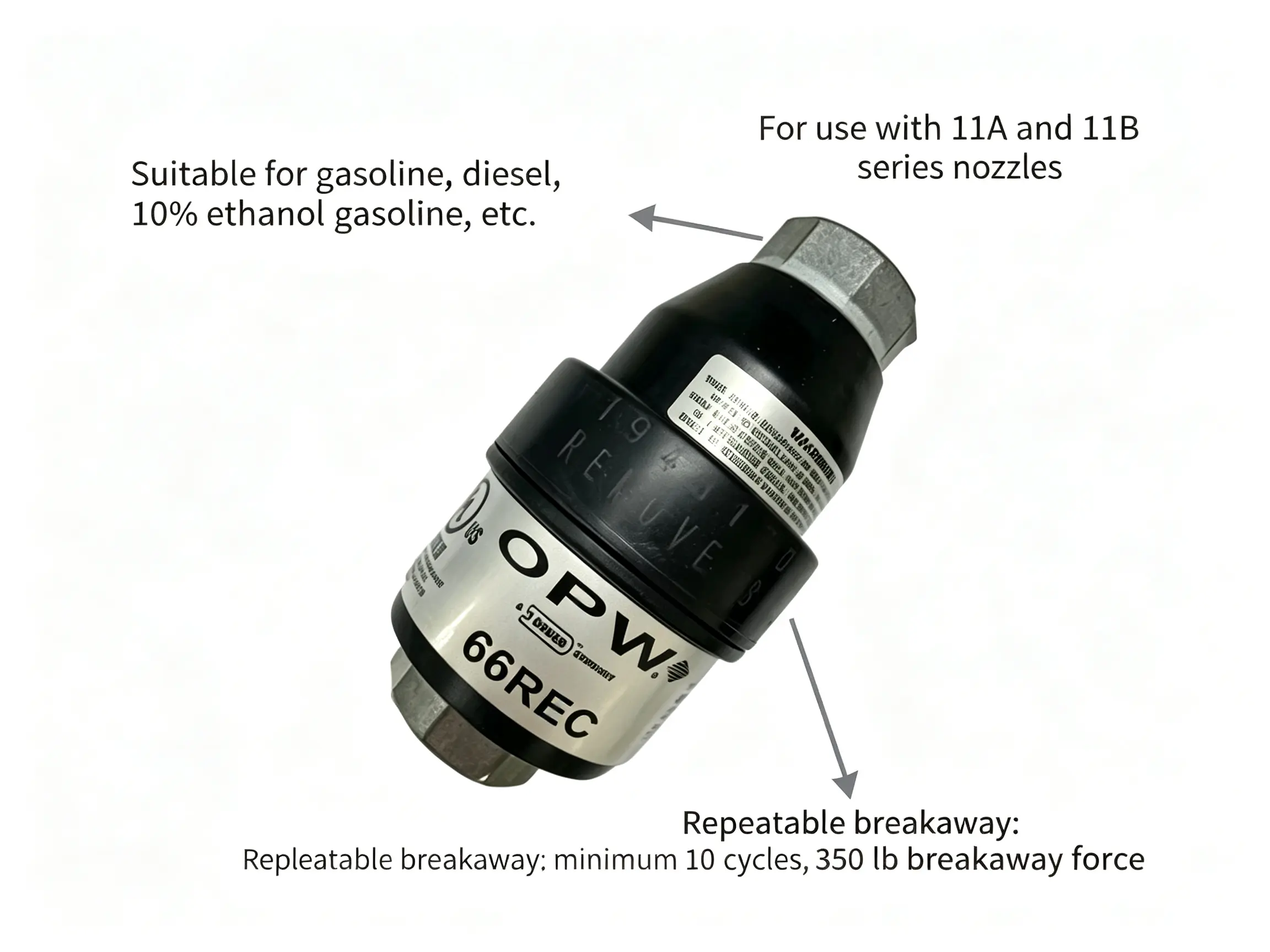 OPW 66REC Breakaway – Reconnectable Fuel Hose Safety Coupling OPW 66REC breakaway valve, compatible with OPW 11A 11B fuel nozzles, reusable up to 10 times, 350lb break force