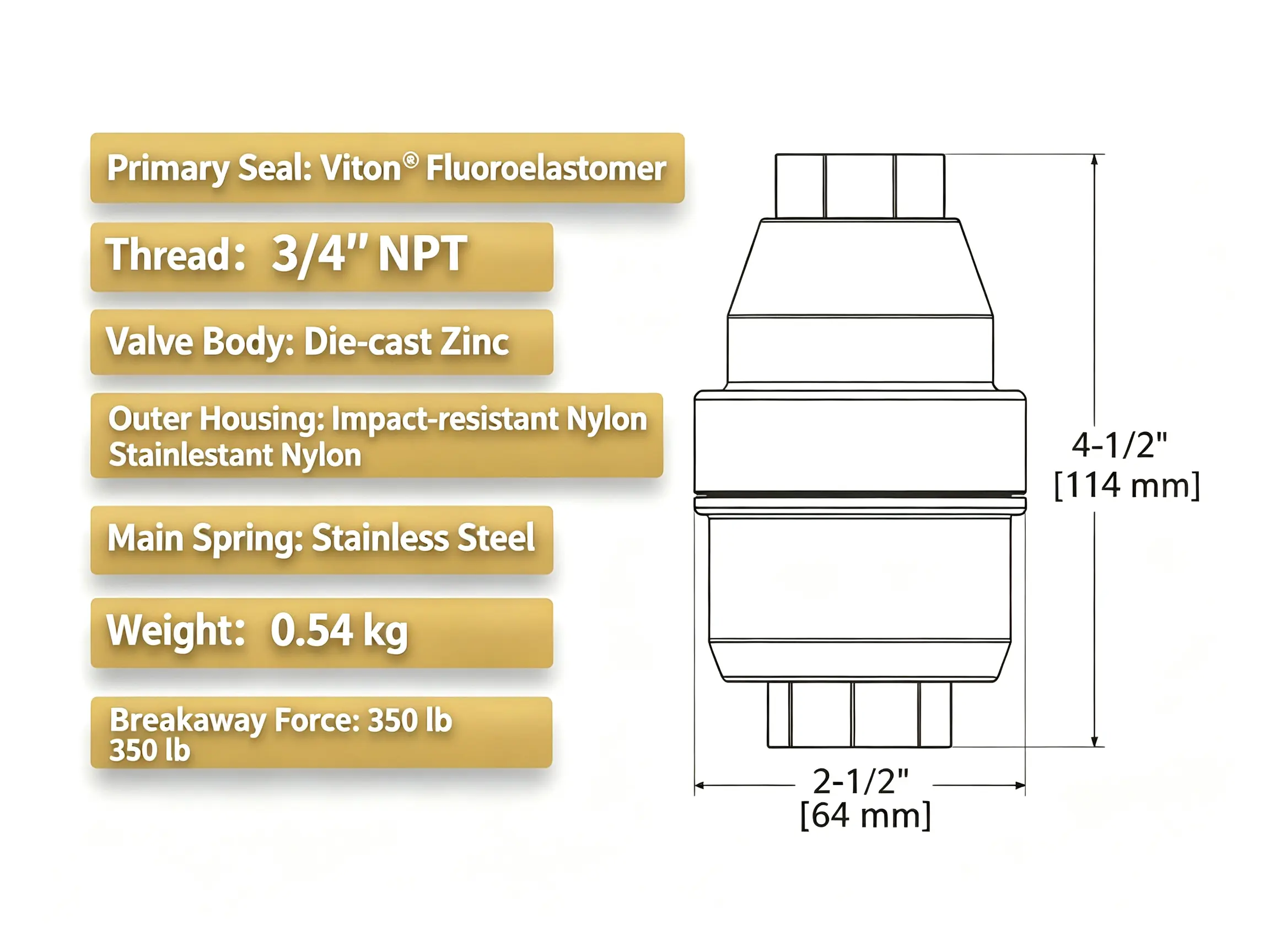 OPW 66REC Breakaway Valve Dimensions & Material Specs OPW 66REC breakaway valve dimension drawing and technical parameters, 3/4 NPT, Viton seal, 4-1/2 inch height
