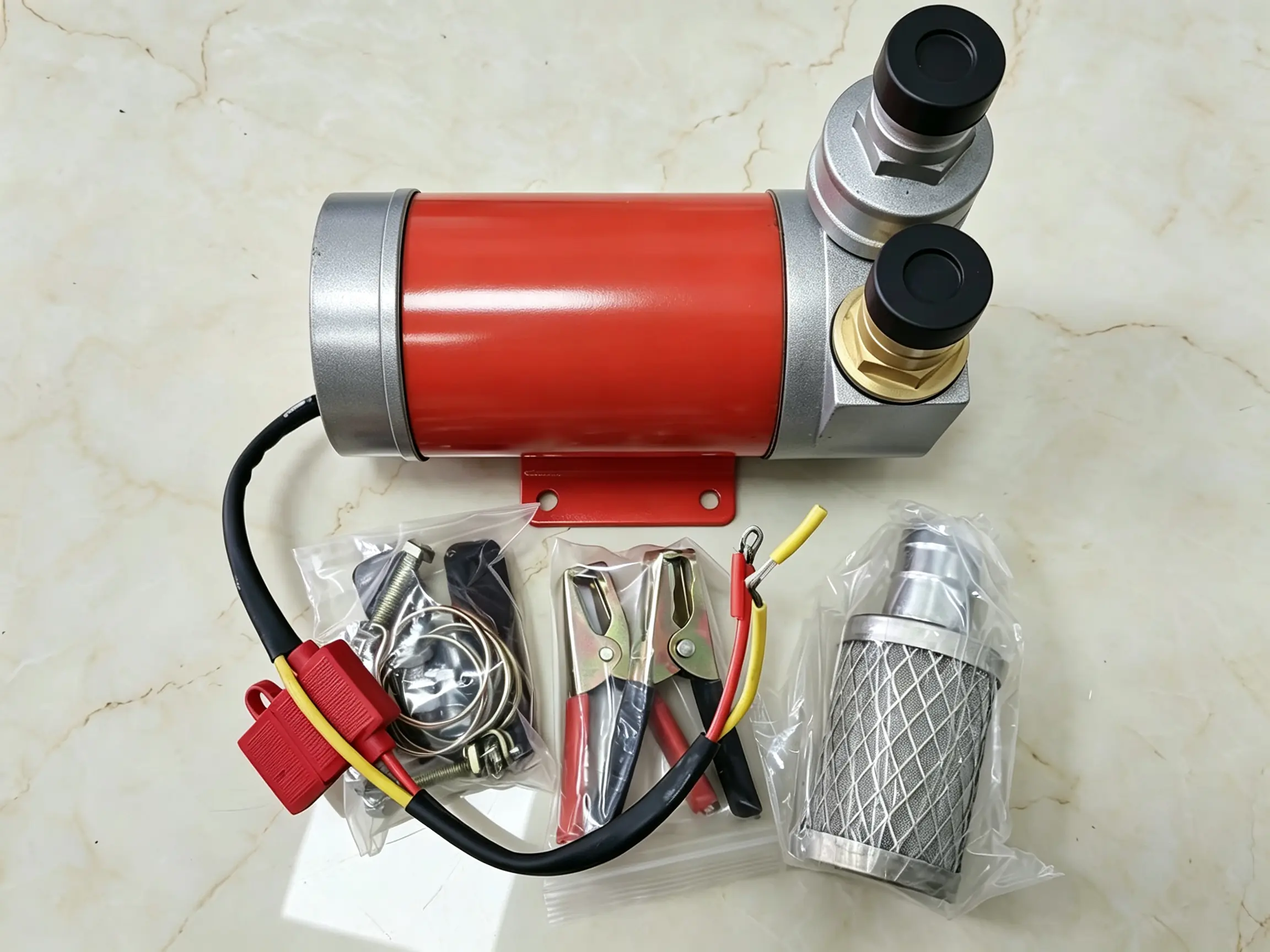 DC Self-Priming Diesel Fuel Pump Full Kit with Accessories Product photo of 12V 24V DC self priming fuel pump complete set with clamps, fittings and filter mesh