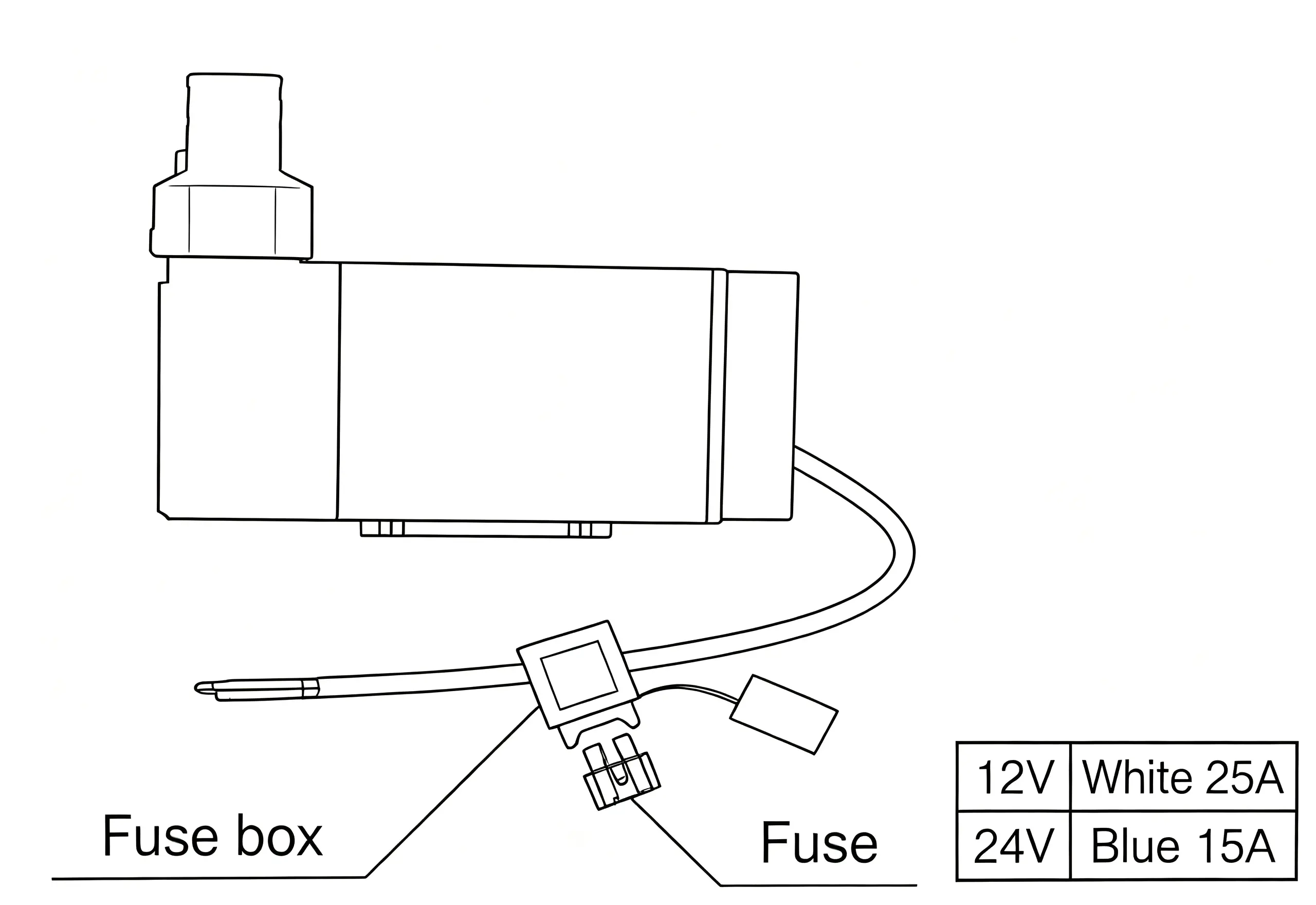 DC Self Priming Fuel Pump Fuse Wiring Diagram Line drawing of fuse box and fuse for 12V 24V DC self priming diesel transfer pump