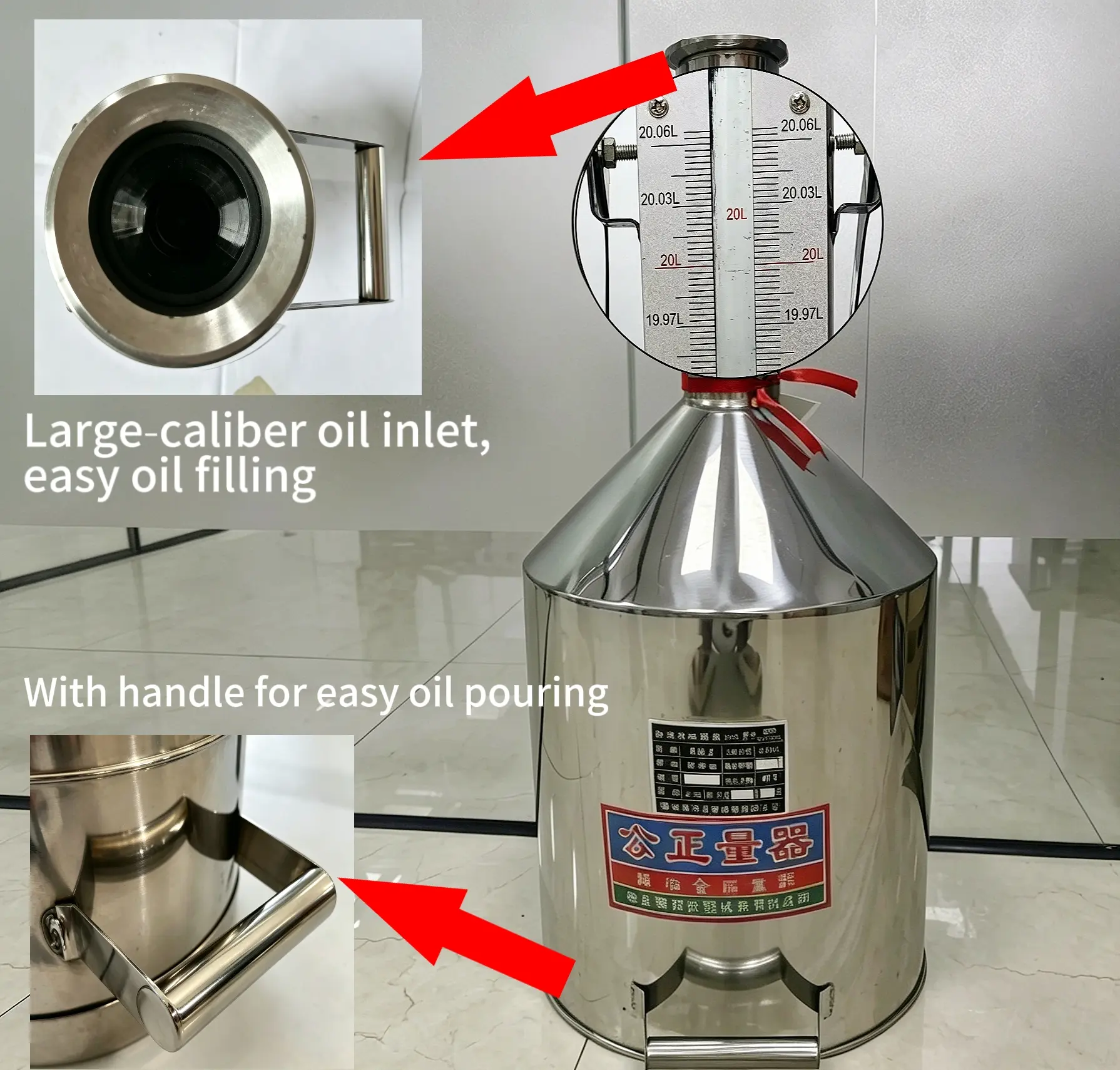 Standard Metal Prover for Fuel Dispenser Calibration 20‑liter stainless steel fuel calibration measuring can, with large‑caliber oil inlet and pouring handle, precision scale indicator, gas station metering test container.