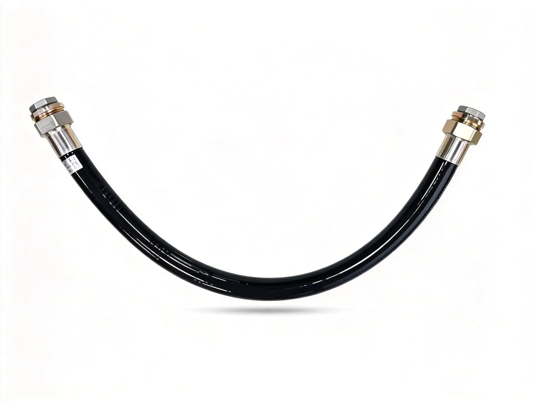 Complete U‑Shape Explosion Proof Flexible Conduit Assembly Full view explosion‑proof flexible conduit, complete U‑shaped black oil resistant rubber hose with two metal threaded end fittings, Ex rated flexible connection pipe for gas station fuel equipment