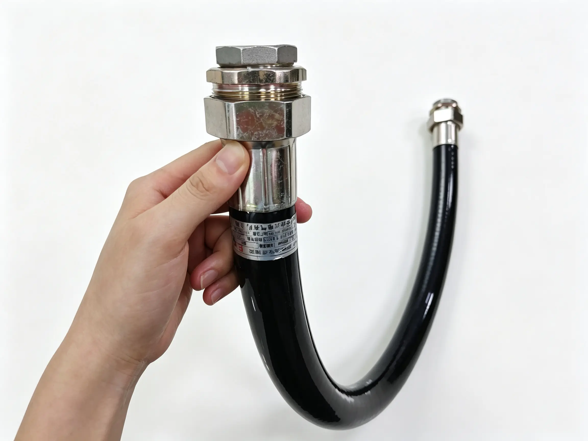 Explosion‑Proof Flexible Conduit With Ex Certification Label Hand‑held explosion‑proof flexible conduit, showing Ex certification nameplate label, black oil‑proof rubber jacket and heavy‑duty metal connector, flexible connection tube for gas station hazardous zone wiring