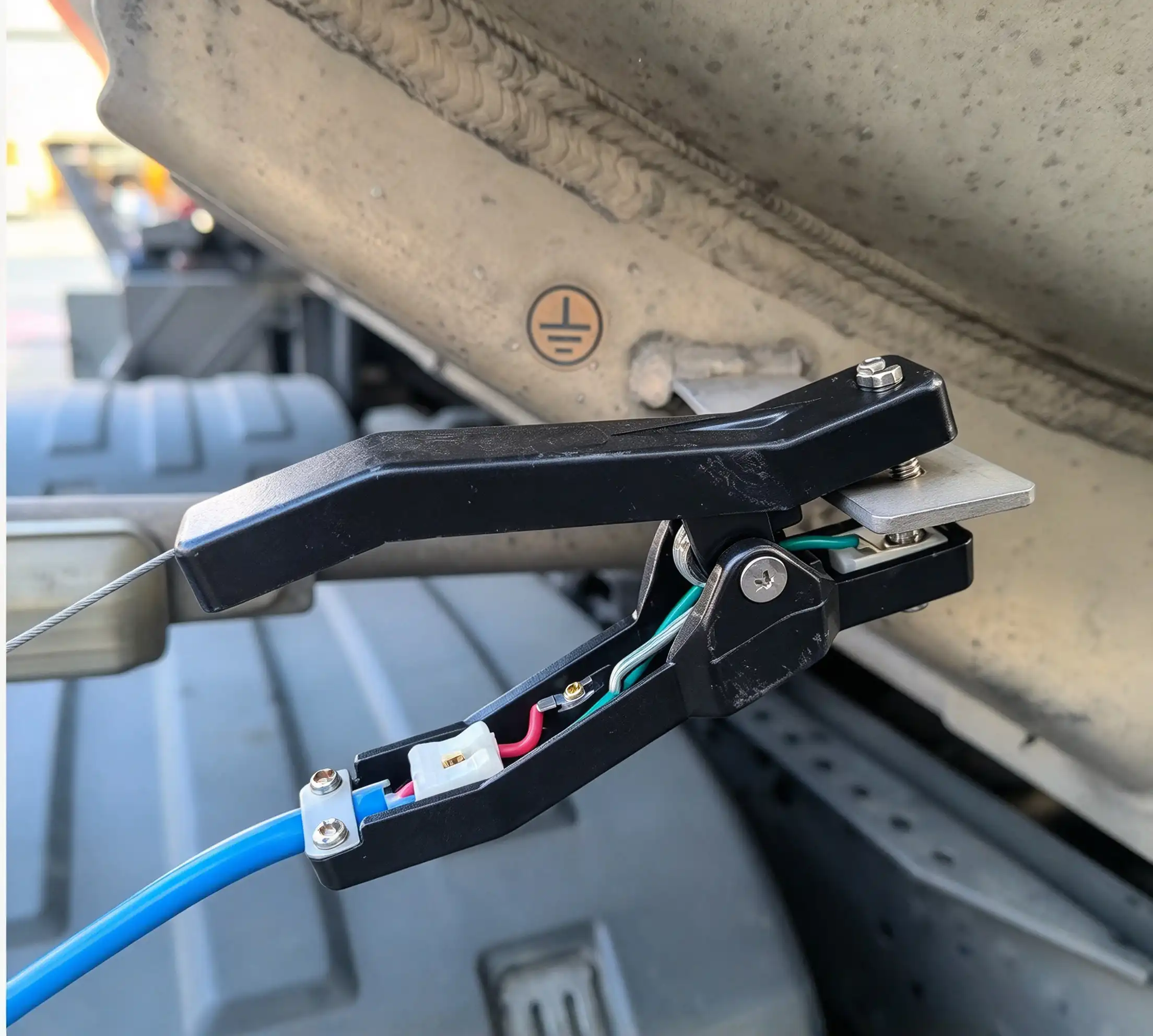 Static grounding clamp clip on tanker tank Static grounding alarm alligator clip clamped on oil tanker metal tank, anti‑static earthing for fuel loading unloading