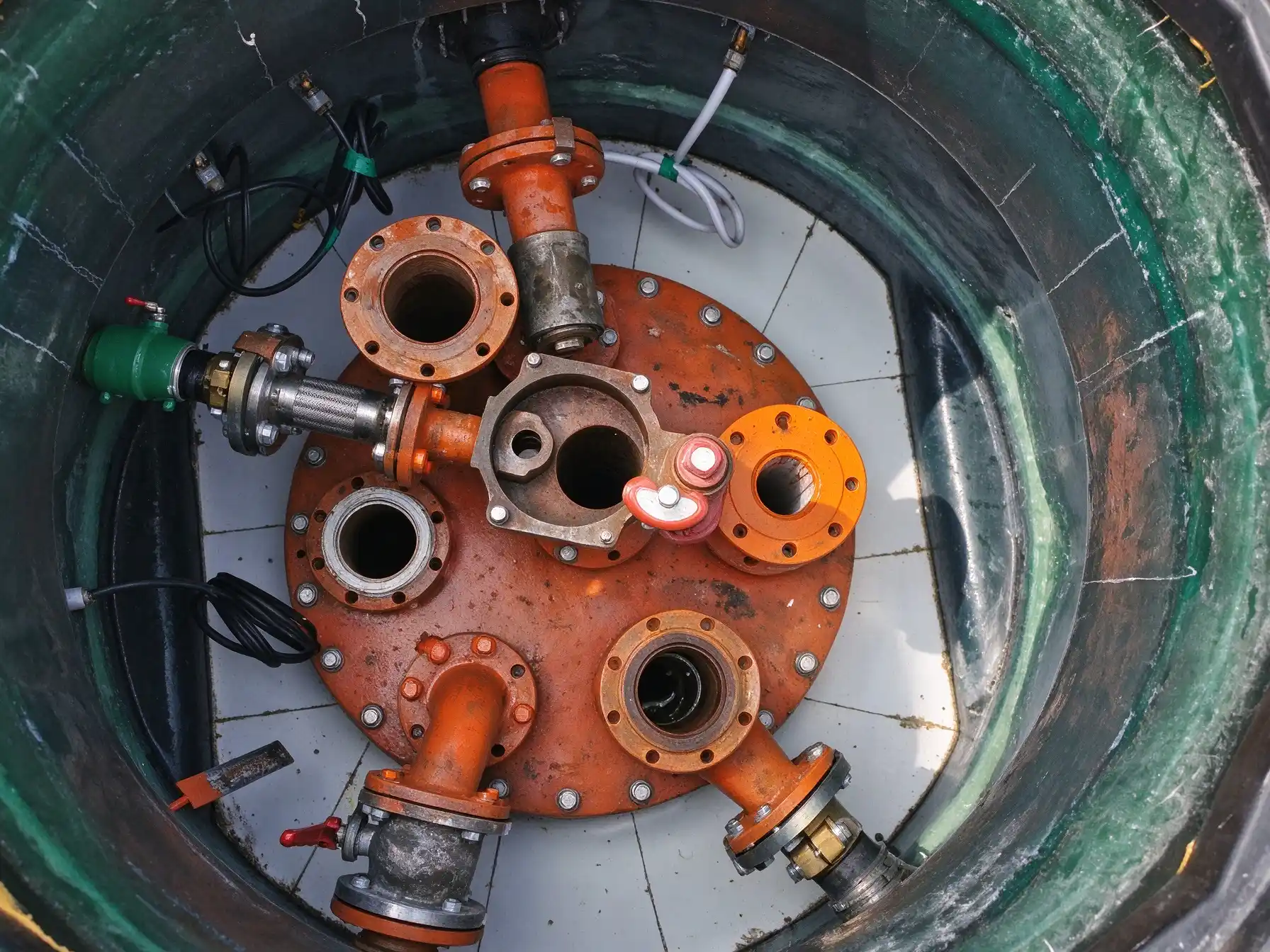 Inside view of tank manhole with submersible pump, valves and fuel piping accessories Inside view of tank manhole with submersible pump, valves and fuel piping accessories